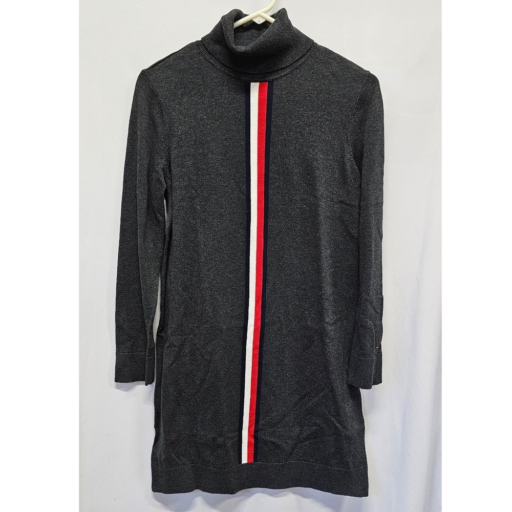 Tommy Hilfiger Gray Turtleneck Sweater Dress Racing Stripe Long Sleeve Knit